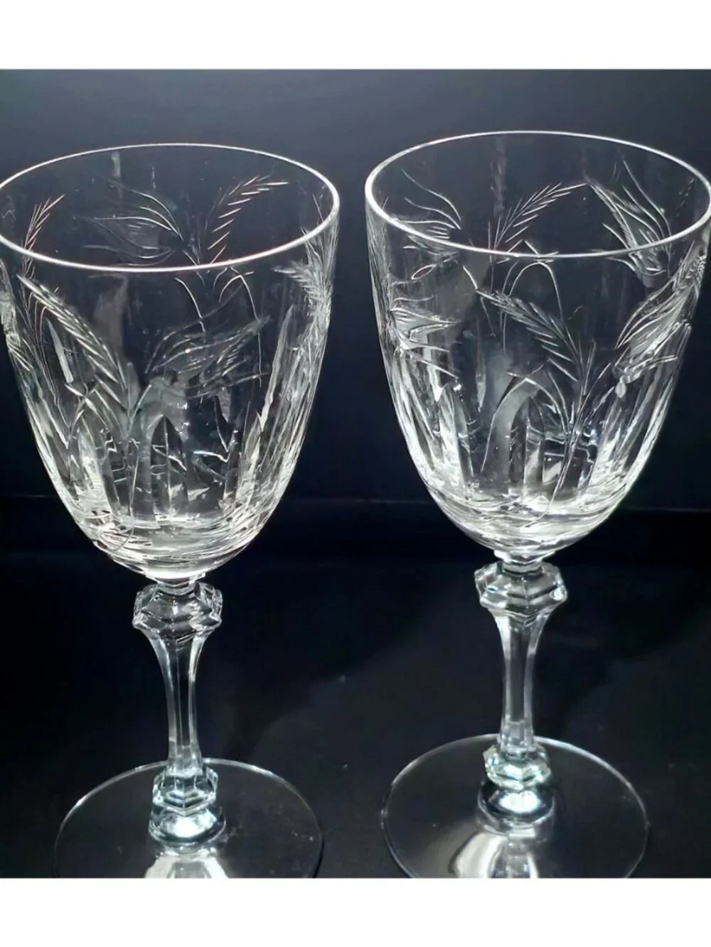 2 Tiffin Franciscan Moss Ross Water Goblets Etched Crystal Wine Glasses rare 60s